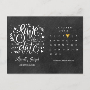 Gold Heart Chalkboard Save the Date Calendar Announcement Postcard