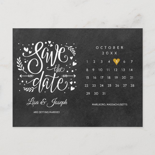 Gold Heart Chalkboard Save the Date Calendar Announcement Postcard (Front)