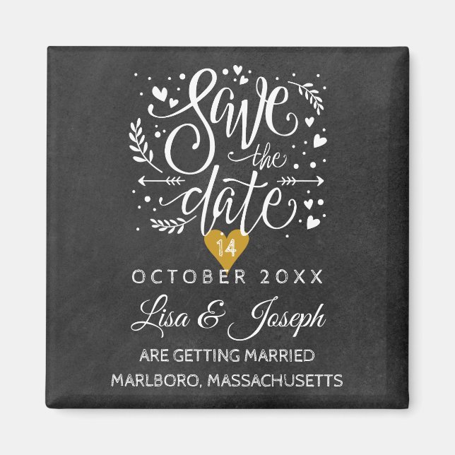 Gold Heart Chalkboard Save the Date Magnet (Front)