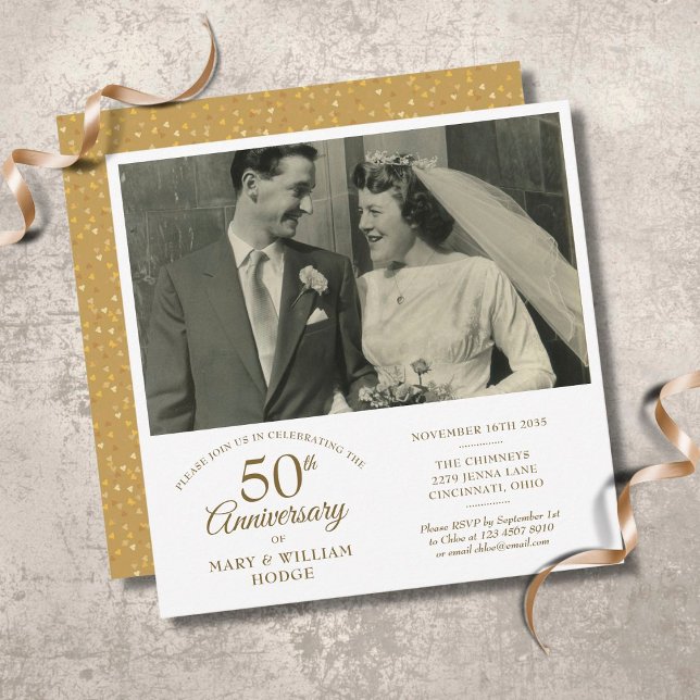 Gold Heart Confetti Wedding Photo 50th Anniversary Invitation (Creator Uploaded)