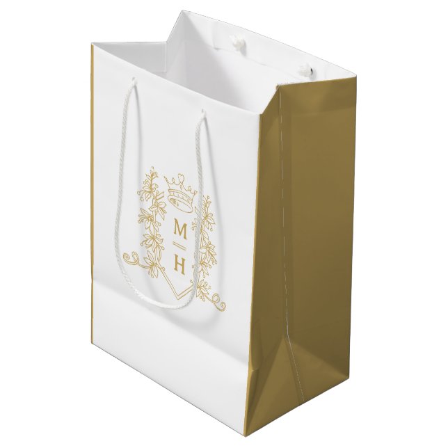 Gold heart crown crest leaves monogram wedding medium gift bag (Front Angled)