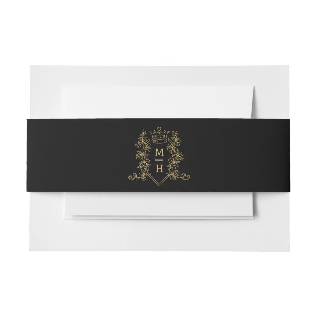 Gold heart crown crest monogram black wedding invitation belly band (Front Example)