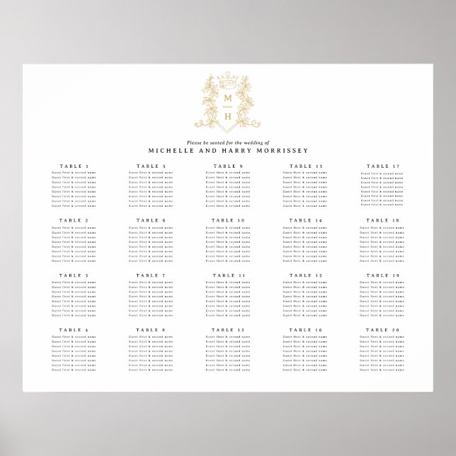 Gold heart crown wedding 20 table seating chart (Front)