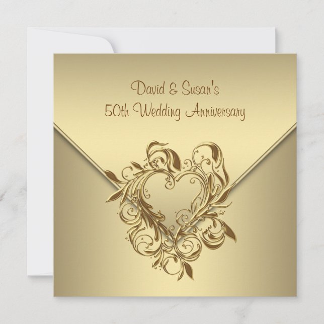 Gold Heart Elegant Gold 50th Wedding Anniversary Invitation (Front)