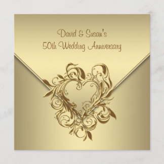 Gold Heart Elegant Gold 50th Wedding Anniversary Invitation