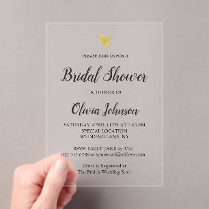 Gold Heart Elegant Modern Bridal Shower Acrylic Invitations