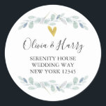 Gold Heart Eucalyptus Return Address Stickers<br><div class="desc">Elegant gold heart watercolor eucalyptus wedding return address stickers. Easily add your custom details.</div>