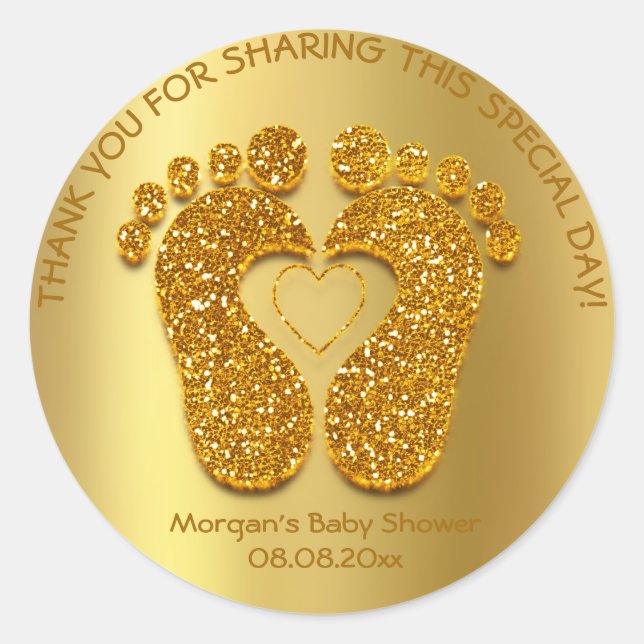Gold Heart Feet Baby Shower Favour Gift Thank You Classic Round Sticker (Front)