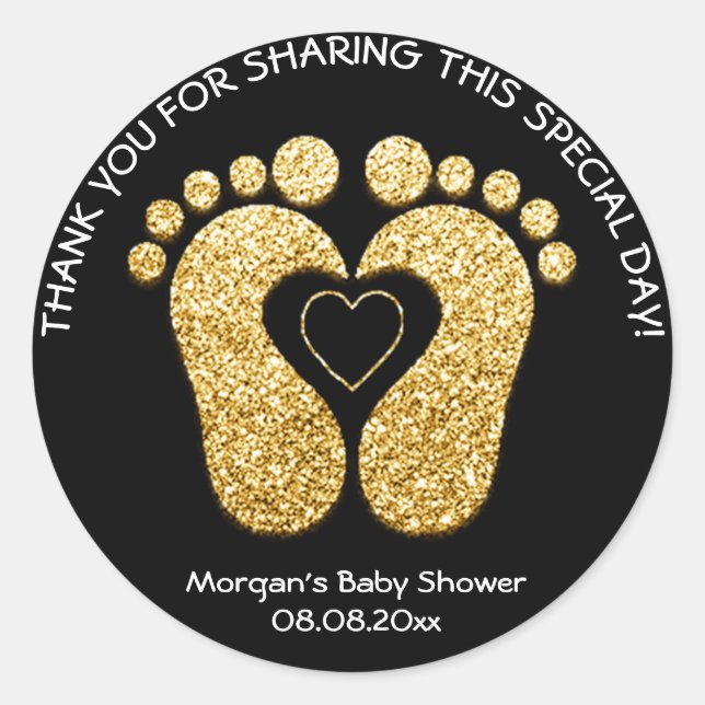 Gold Heart Feet Baby Shower Favour Thank You Black Classic Round Sticker (Front)