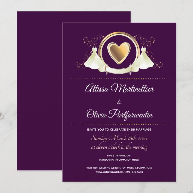 Gold Heart Female Purple Virtual Wedding Invitation (Front/Back)