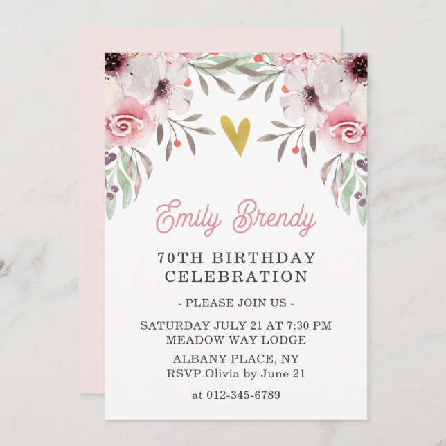 Gold Heart Floral 70th Birthday Party Invite  (Front/Back)