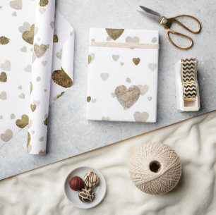 Gold heart foil stroke pattern white wrapping paper