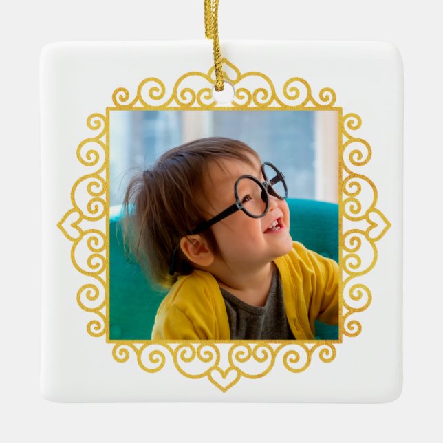 Gold Heart Frame Photo Personalised Gift Christmas Ceramic Ornament (Front)