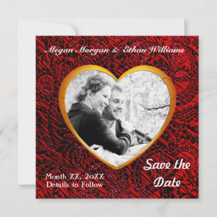 Gold Heart Frame & Red Fabric Add Photo Save The Date
