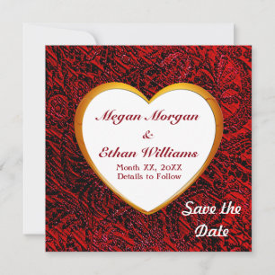 Gold Heart Frame & Red Fabric Square Save The Date