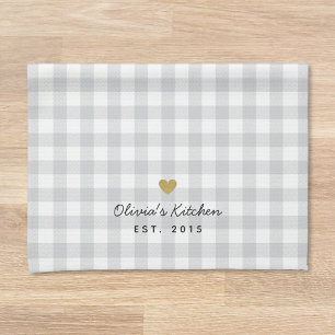 Gold Heart Grey Buffalo Check Custom Name Gift Tea Towel