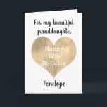 Gold Heart Happy 12th Birthday Granddaughter Card<br><div class="desc">A watercolor gold heart 12th birthday granddaughter card. You can easily personalize underneath the heart with her name. Inside this 12th birthday card reads a heartfelt message, which you can easily personalize if wanted. The back has a happy birthday message, which you can also personalize. This would make a unique...</div>