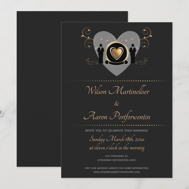 Gold Heart Male Virtual Wedding Invitation (Front/Back)