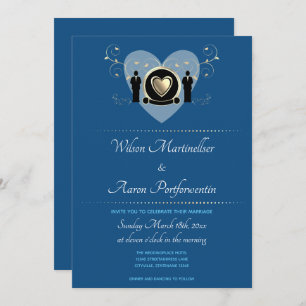 Gold Heart Male Wedding Classic Blue Invitation
