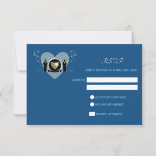 Gold Heart Male Wedding Classic Blue RSVP card