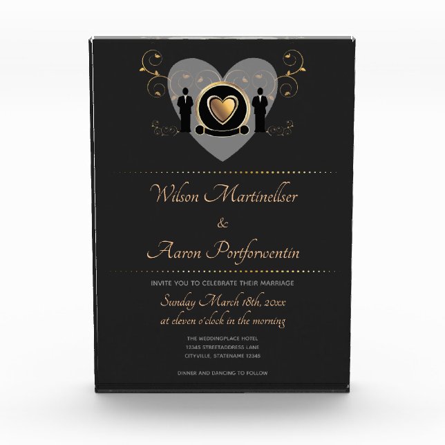 Gold Heart Male Wedding Invite Keepsake Photo Block (Front)