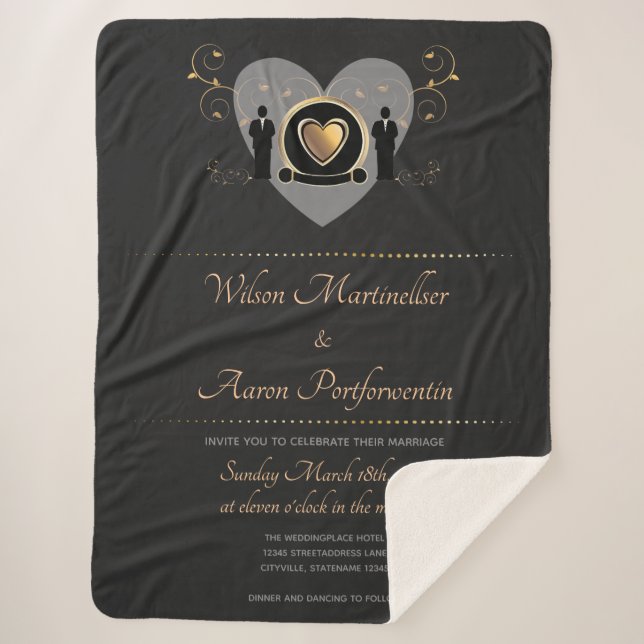 Gold Heart Male Wedding Invite Keepsake Sherpa Blanket (Front)