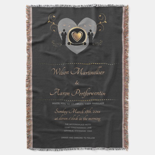Gold Heart Male Wedding Invite Keepsake Throw Blanket (Front Vertical)