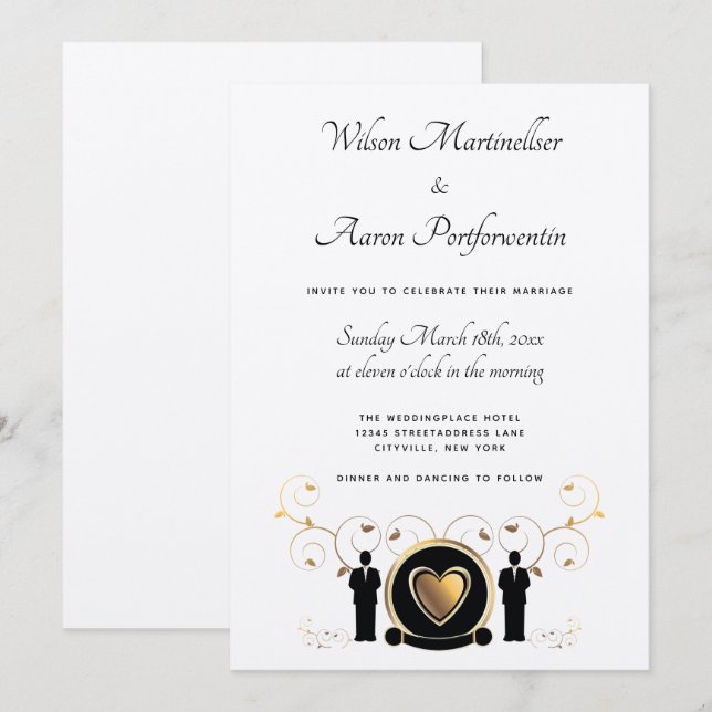 Gold Heart Male Wedding Kraft Paper LGBTQ Invitation (Front/Back)