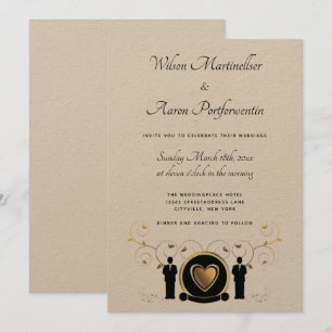 Gold Heart Male Wedding Kraft Paper LGBTQ Invitation