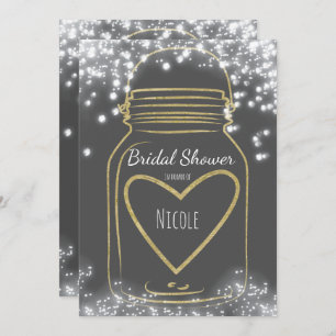 Gold Heart Mason Jar & Sparkle Lights ANY COLOR Invitation