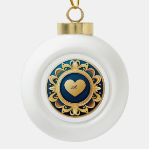 Gold Heart Medallion Ceramic Ball Christmas Ornament