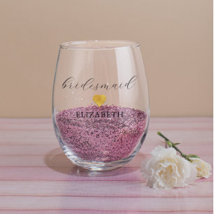 Gold Heart Minimalist Wedding Party Stemless Wine Glass