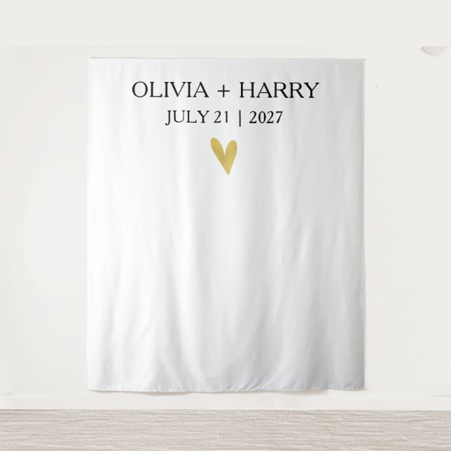 Gold Heart Modern Minimalist Wedding Backdrop Tapestry (Front)