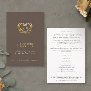Gold heart monogram wedding directions schedule enclosure card
