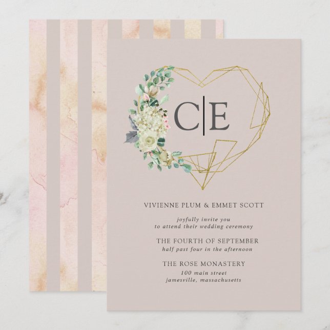 Gold Heart Monogram White Rose Hydrangea Wedding Invitation (Front/Back)