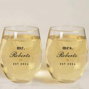 Gold Heart Mr. and Mrs. Newlywed Gift Stemless Wine Glass