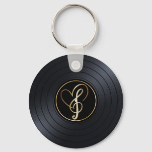 Gold Heart Music Notes Vinyl Record  Key Ring