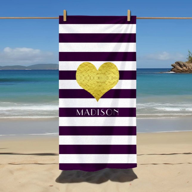 Gold Heart Name Purple Stripes Pattern Beach Towel (Gold Heart Name Purple Stripes Pattern Beach Towel.)
