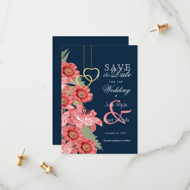 Gold Heart, Navy and Coral Flowers - Save The Date (Front/Back In Situ)