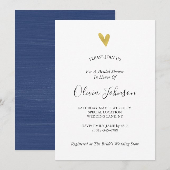 Gold Heart Navy Blue Bridal Shower Invitation (Front/Back)