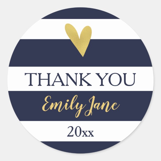 Gold Heart Navy Blue Stripes Baby Shower Stickers (Front)