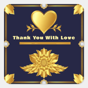 💎 Gold Heart Navy Blue Wedding Thank You Favour � Square Sticker