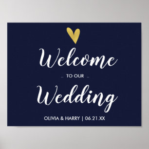 Gold Heart Navy Welcome Wedding Sign