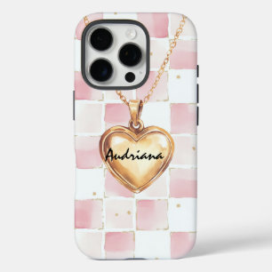 Gold Heart Necklace Pink White Squares iPhone 16 Pro Case