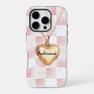 Gold Heart Necklace Pink White Squares iPhone 16 Pro Case