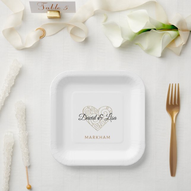 Gold Heart Paper Plates with Personalised Names (Wedding)