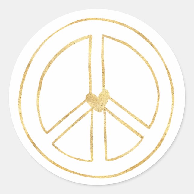 Gold Heart Peace Sign Classic Round Sticker (Front)