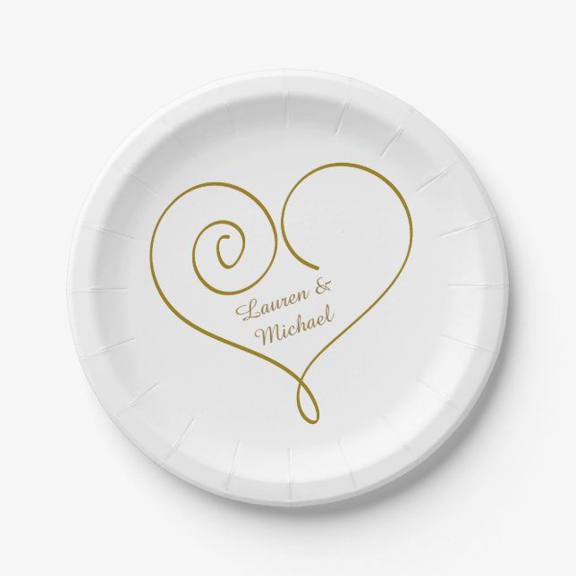 Gold Heart Personalised Wedding Paper Plate (Front)