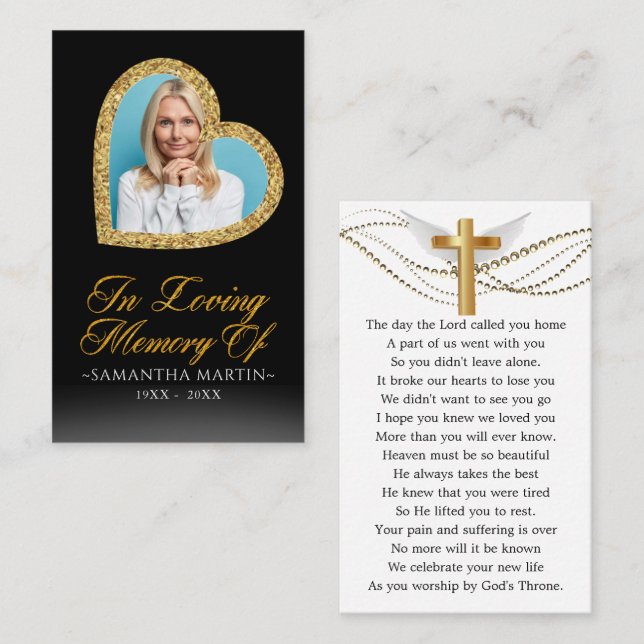 Gold Heart Photo Funeral Prayer Card (Front/Back)