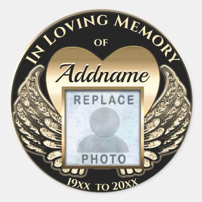 Gold Heart Photo Memorial Classic Round Sticker (Front)